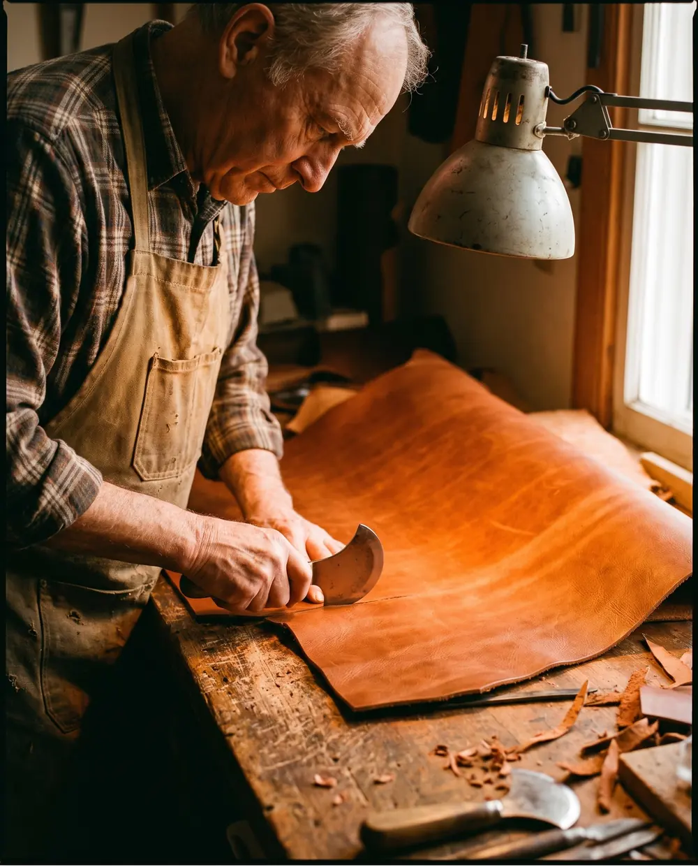 An artisan cutting a pattern from a cognac hide with a round knife