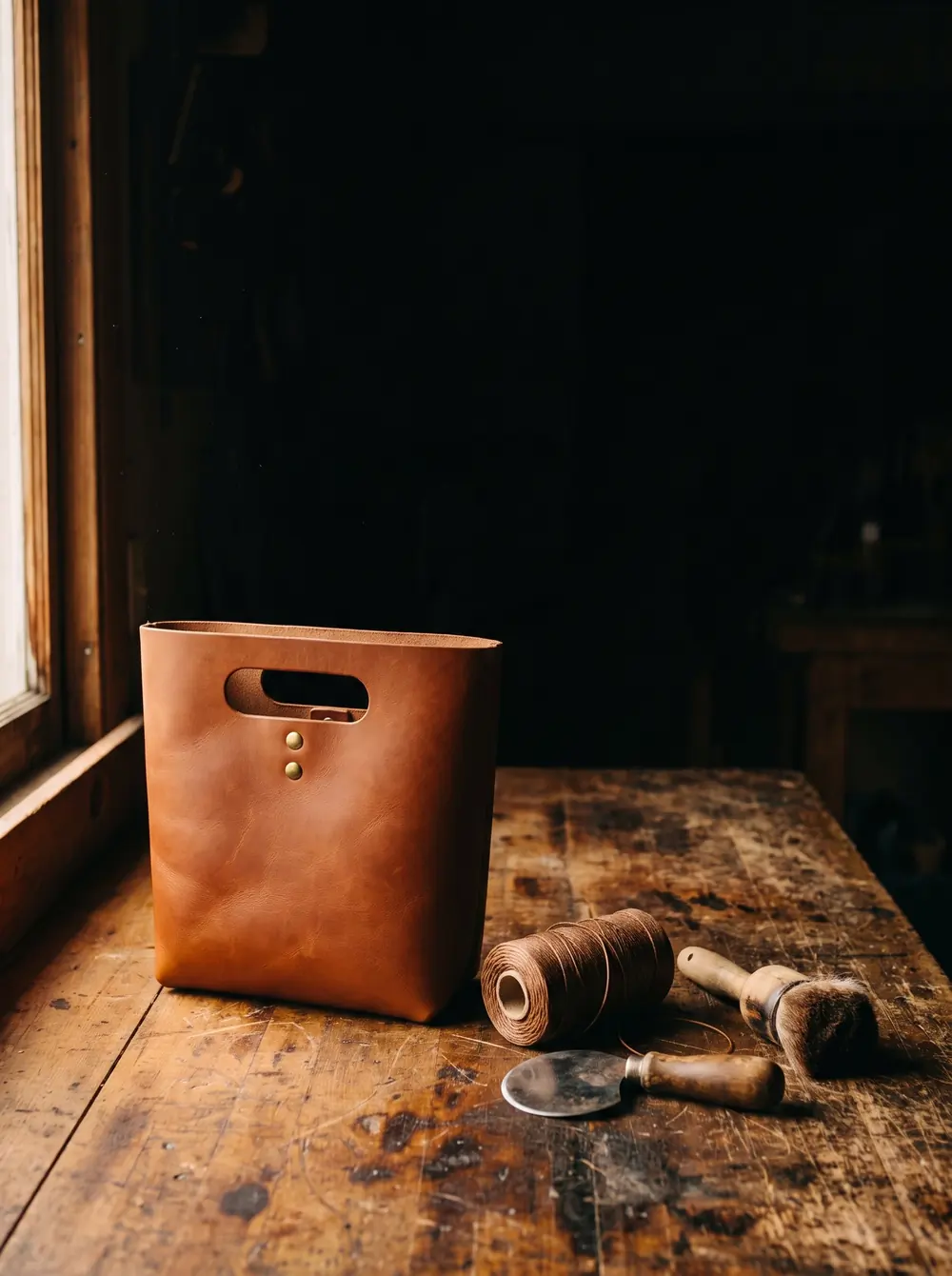A finished cognac tote standing on a workshop bench beside thread, a round knife and a wool dauber