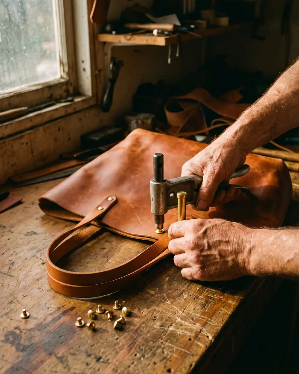 Hands setting a solid brass rivet into a cognac tote handle with a hand press