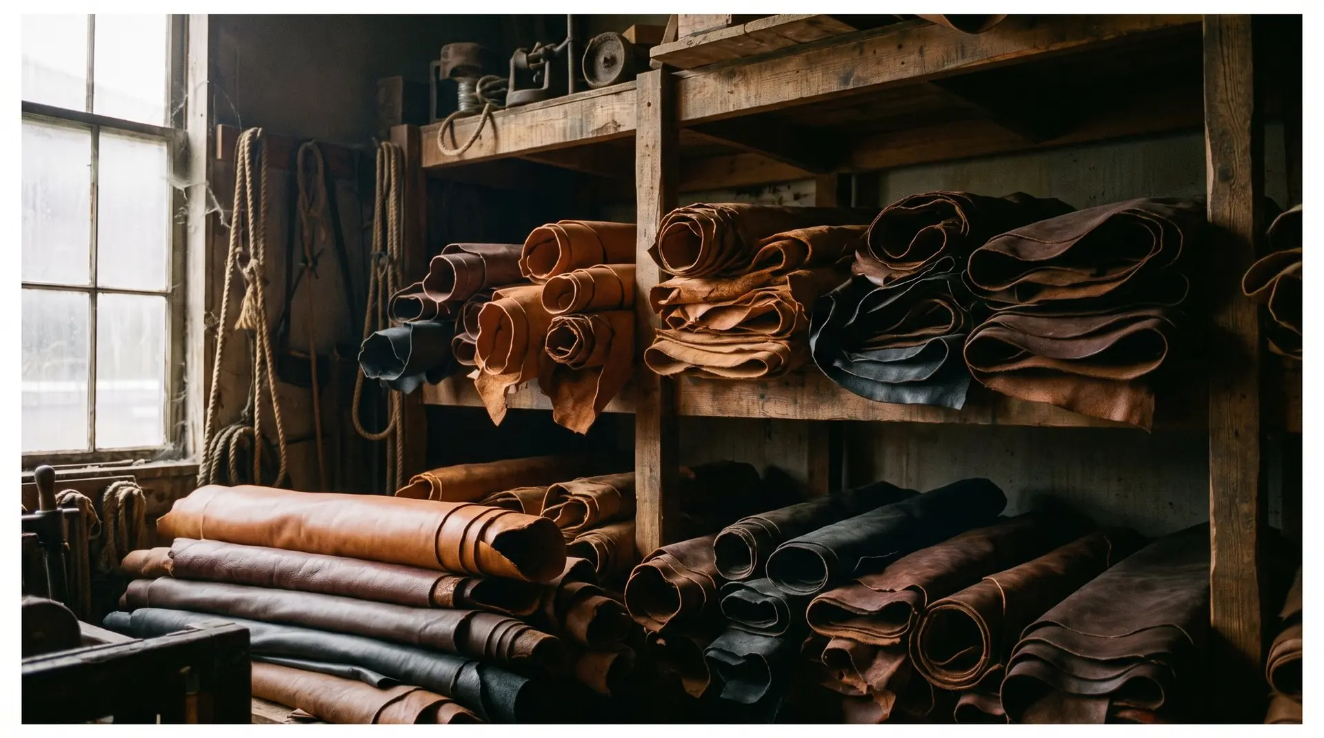 Stacks of vegetable-tanned hides on wooden shelves