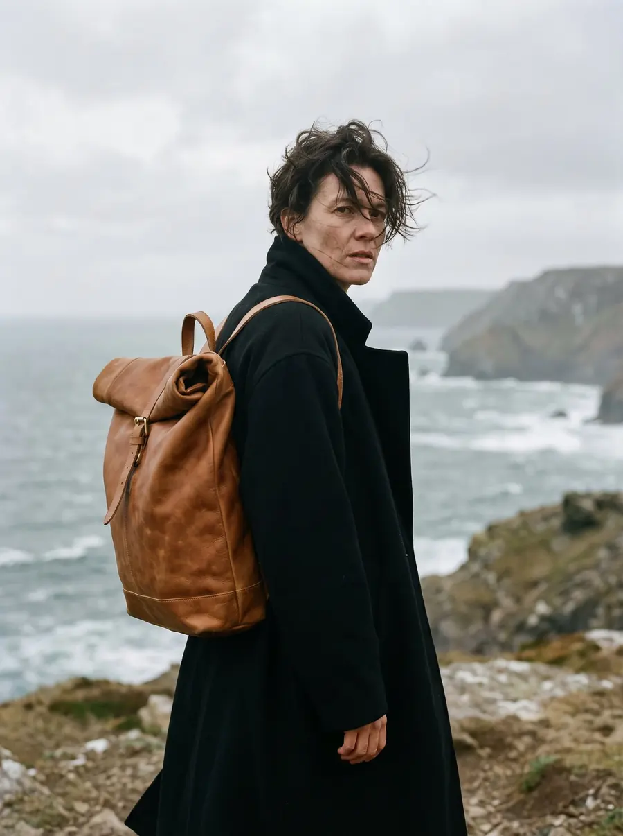 A person on a coastal cliff wearing a tan rolltop backpack